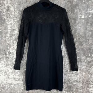 EDC Size S Mesh Keyhole Mock Neck Mini Sheath Dress Navy Long Sleeve Button